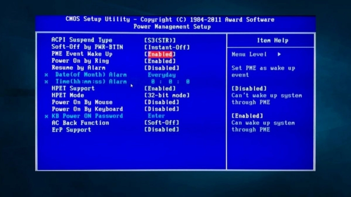 Bạn tìm tùy chọn PME Event Wake Up và đặt thành Enabled
