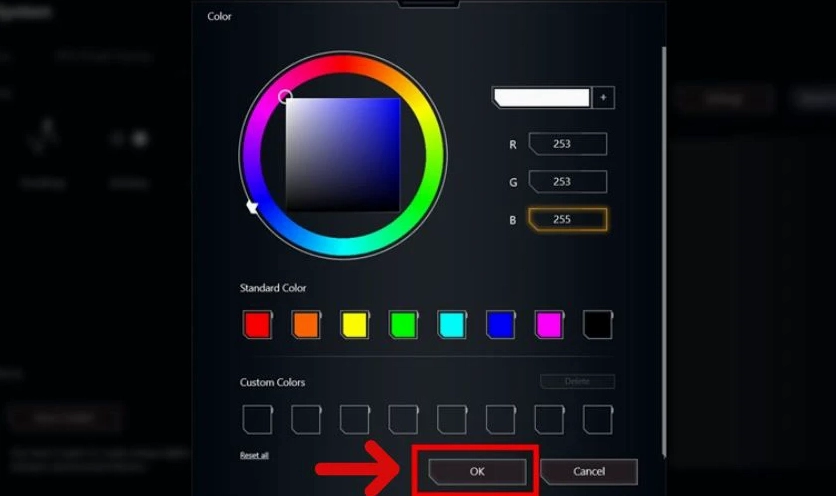 Bảng chọn màu sắc Color trong phần cài đặt đèn nền bàn phím