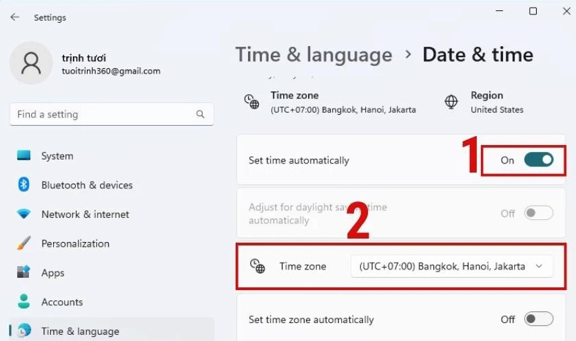 Bảng lựa chọn múi giờ trên máy tính Windows với các tùy chọn khu vực khác nhau