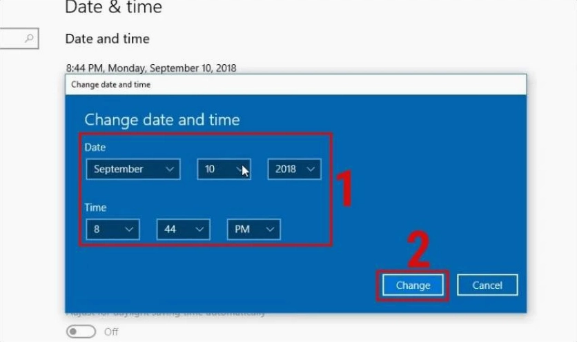 Bảng nhập ngày tháng năm và giờ phút thủ công trên giao diện Windows 10