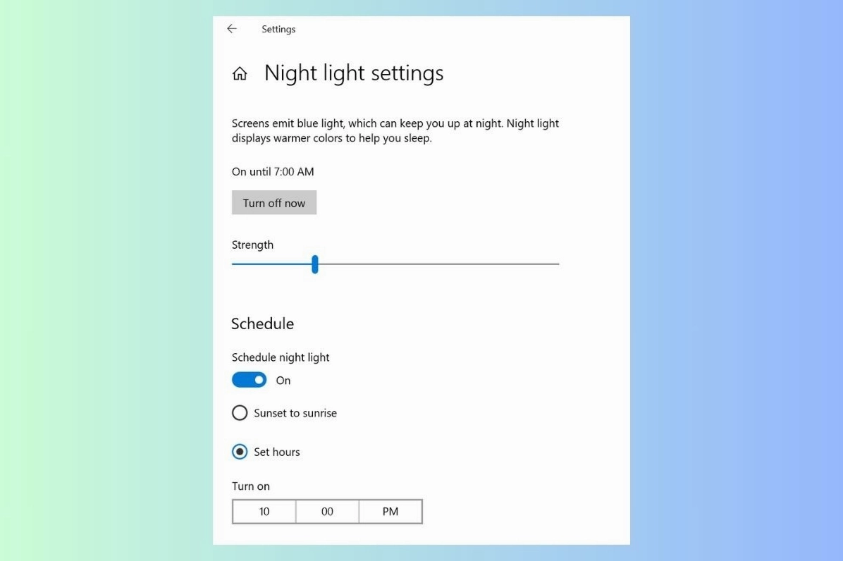 Bảng thiết lập thời gian hoạt động cho tính năng Night Light