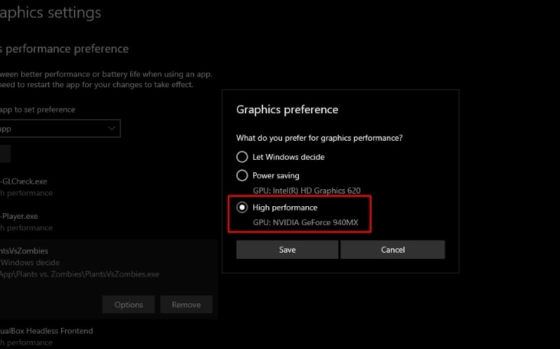 Bảng tùy chọn đồ họa Graphics preference hiển thị ba mục lựa chọn trong đó có tích chọn mục High performance