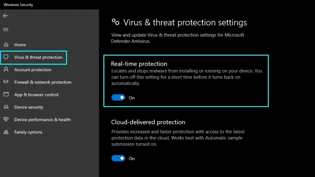 Bật chế độ Real time protection trong phần mềm bảo mật để bảo vệ thời gian thực