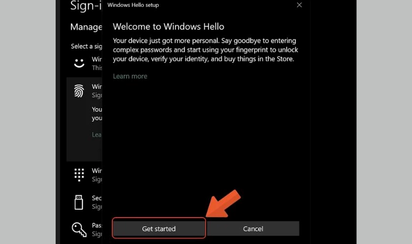Bắt đầu tiến trình set mật khẩu nhận diện cho máy tính xách tay