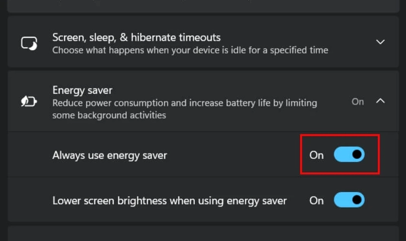 Bật tính năng Energy saver trong phần cài đặt quản lý năng lượng