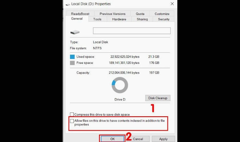 Hướng dẫn chi tiết cách làm cho laptop chạy mượt hơn trên hệ điều hành Windows 7 35 Bỏ tích chọn Allow files on this drive to have contents indexed in addition to file properties