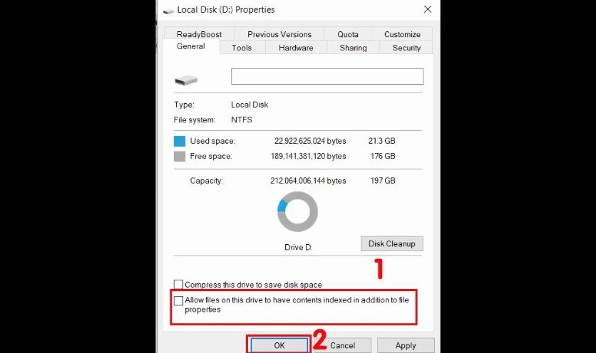 Bỏ tích chọn Allow files on this drive to have contents indexed in addition to file properties