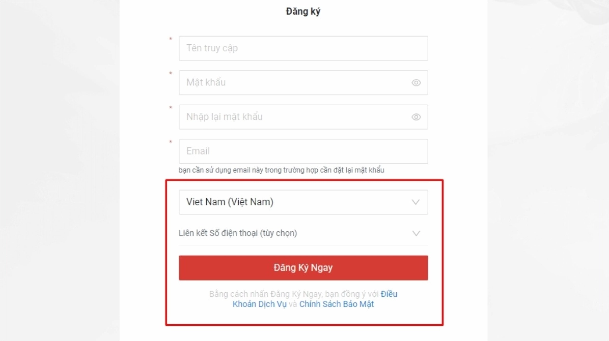 Bước chọn quốc gia Việt Nam và nhấn nút đăng ký ngay