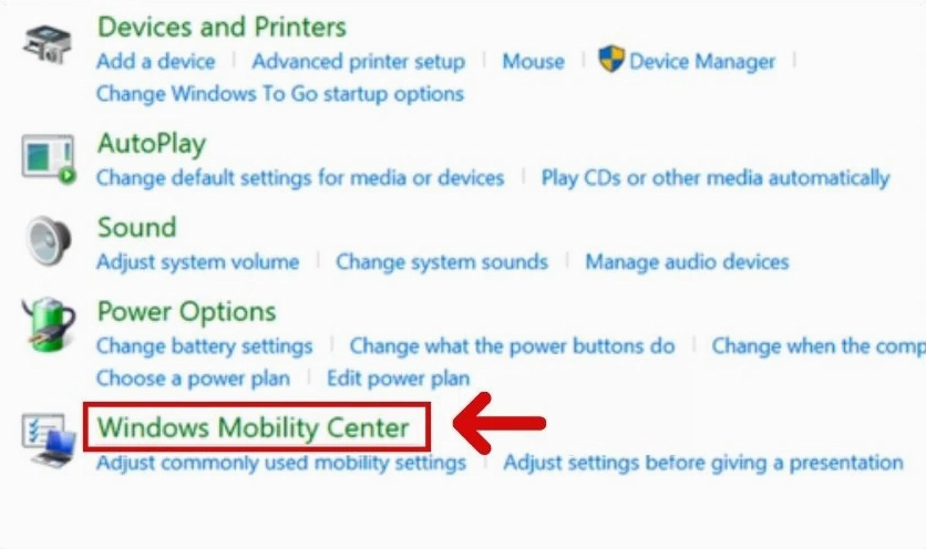 Các bước truy cập vào công cụ Windows Mobility Center từ Control Panel