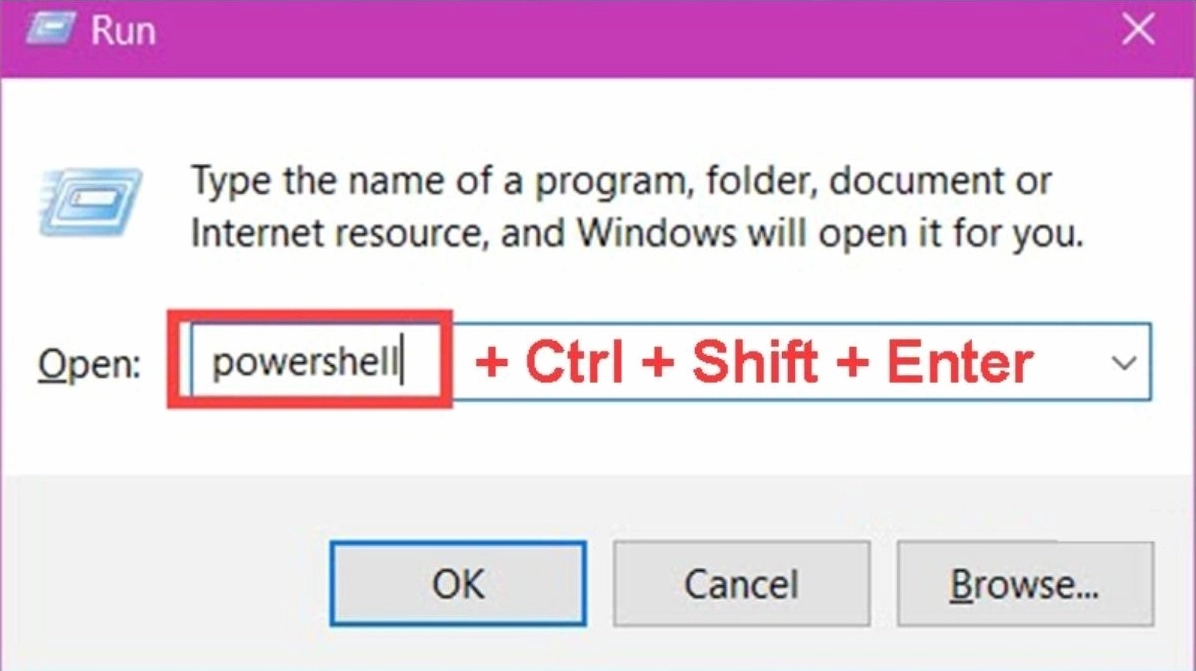 Cách mở Windows PowerShell thông qua hộp thoại Run