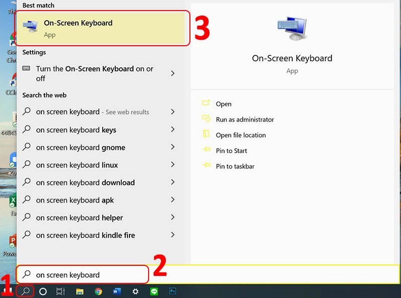 Cách tìm kiếm và bật bàn phím ảo bằng thanh Start menu