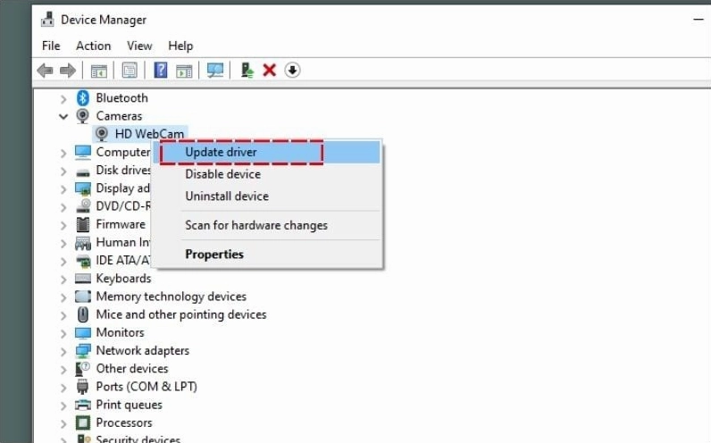 Cập nhật Driver cho camera trong cửa sổ Device Manager của Windows