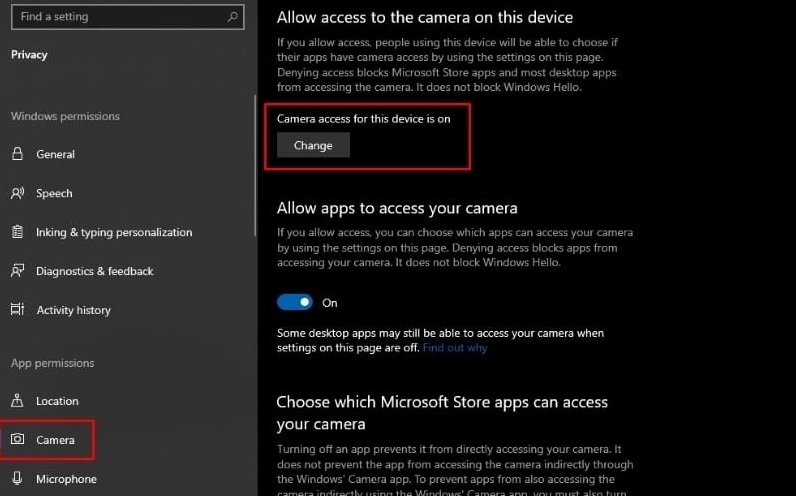 Cấp quyền truy cập cho ứng dụng camera trong phần cài đặt của Windows
