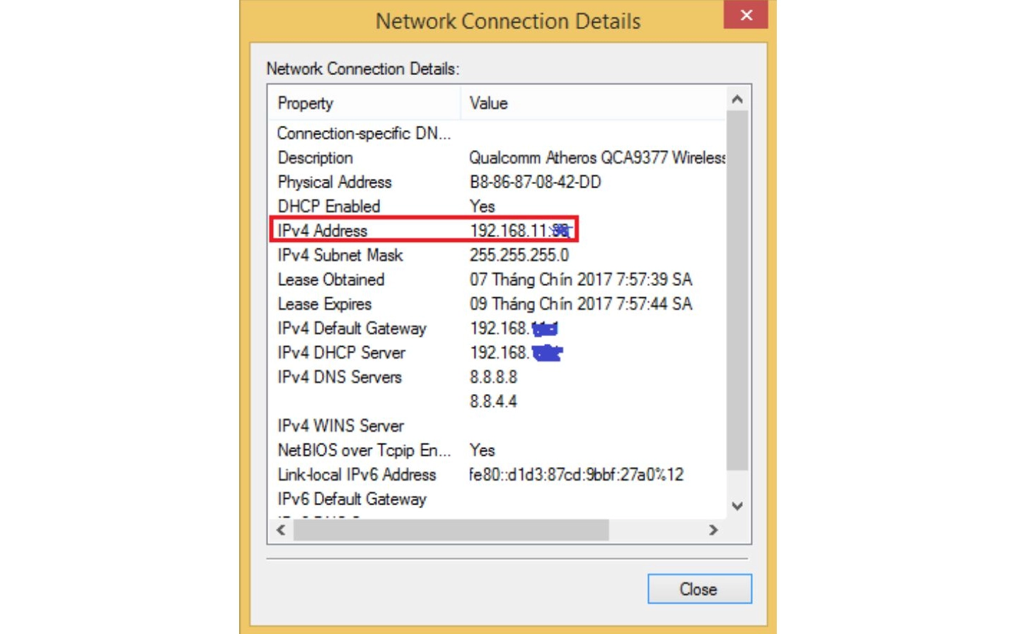 Chi tiết IPv4 Address trong Network Connection Details