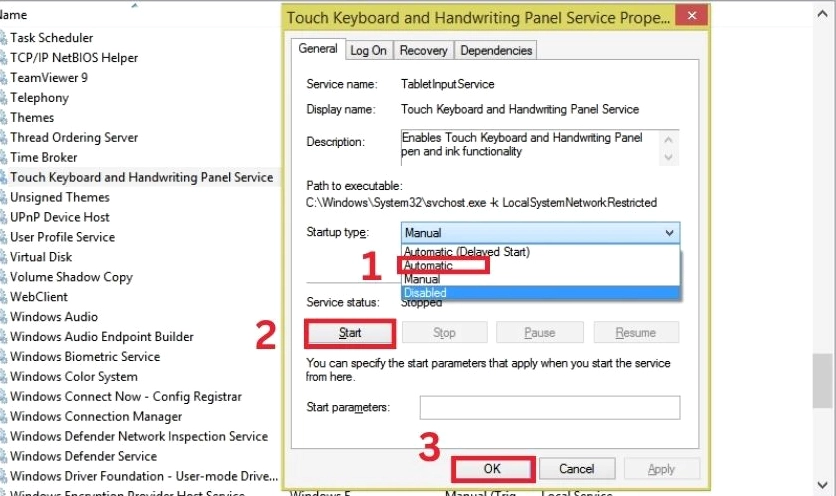 Chọn Automatic để kích hoạt tự động dịch vụ