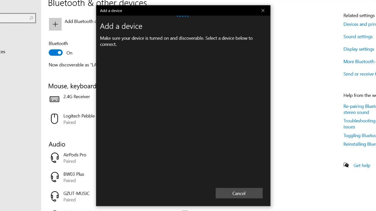 Chọn Bluetooth để Windows quét các thiết bị ở gần bao gồm cả máy in