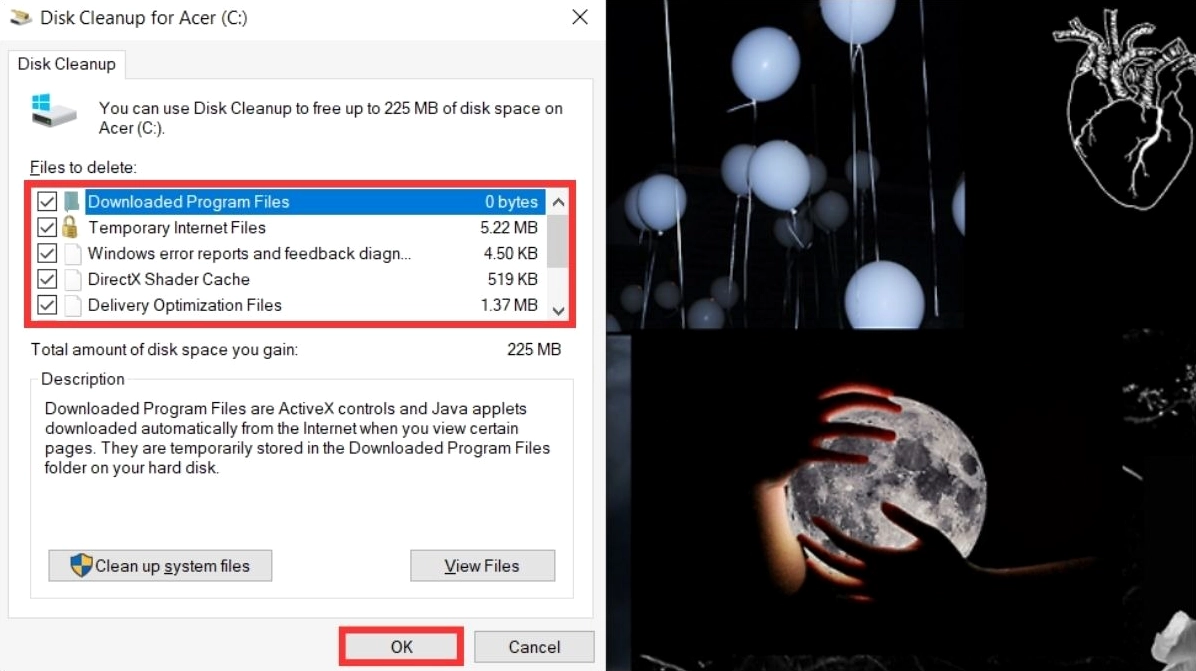 Chọn các loại file bạn muốn xóa bao gồm file tạm và nhấn OK