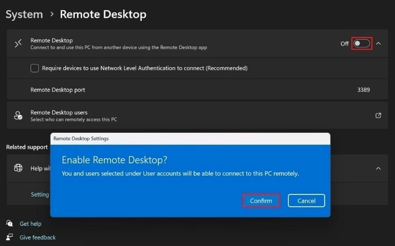Hướng dẫn chi tiết cách kết nối 2 laptop để chơi game mượt mà không giật lag 9 Chọn Confirm để bật chế độ Remote Desktop trên máy bị điều khiển
