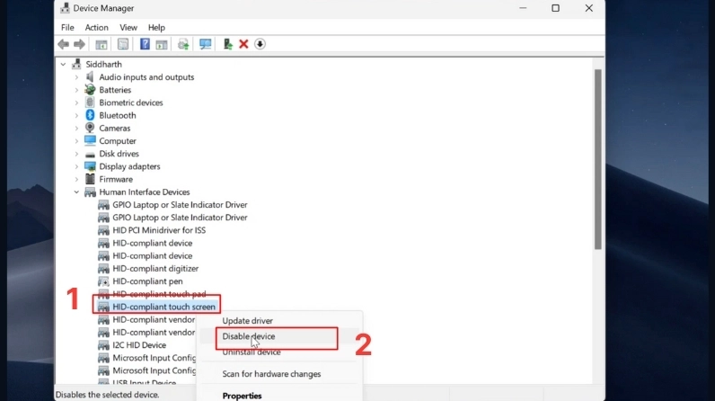 Chọn Disable device để tắt màn hình cảm ứng