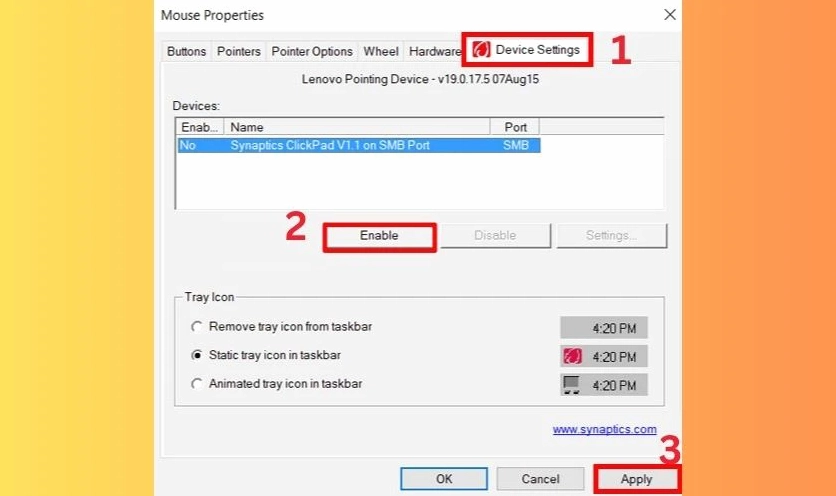 Chọn Enable trong tab cài đặt Touchpad