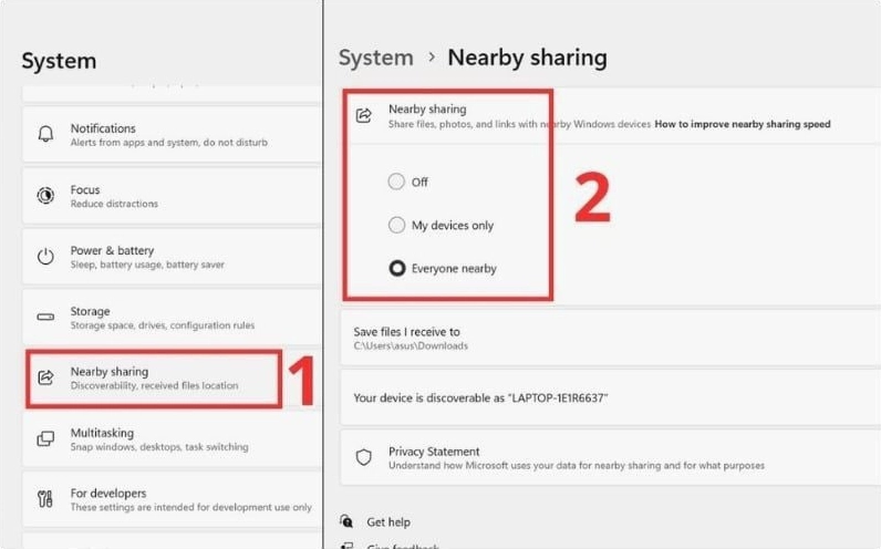 Hướng dẫn chi tiết cách kết nối 2 laptop để chơi game mượt mà không giật lag 4 Chọn Everyone nearby tại mục Nearby Sharing