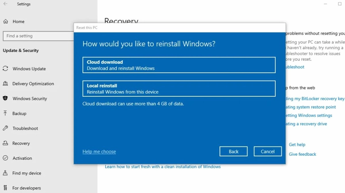 Chọn hình thức reset
