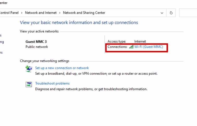 Chọn kết nối mạng đang hoạt động tại mục Connections