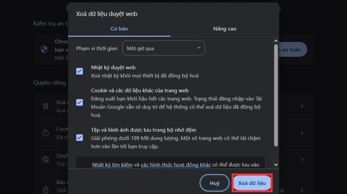 Chọn khoảng thời gian và loại dữ liệu bạn muốn xóa sau đó nhấn xóa dữ liệu