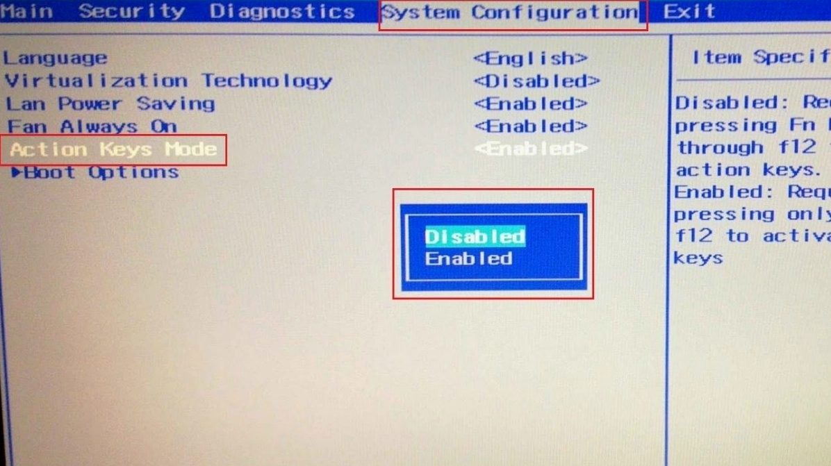 Chọn mục Action Keys Mode trong BIOS