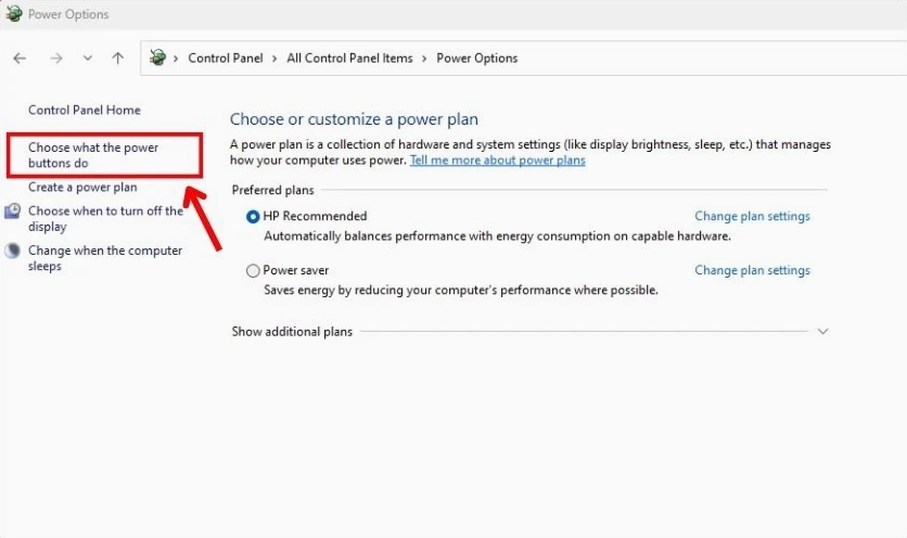 Chọn mục Choose what the power buttons do bên trái cửa sổ chương trình