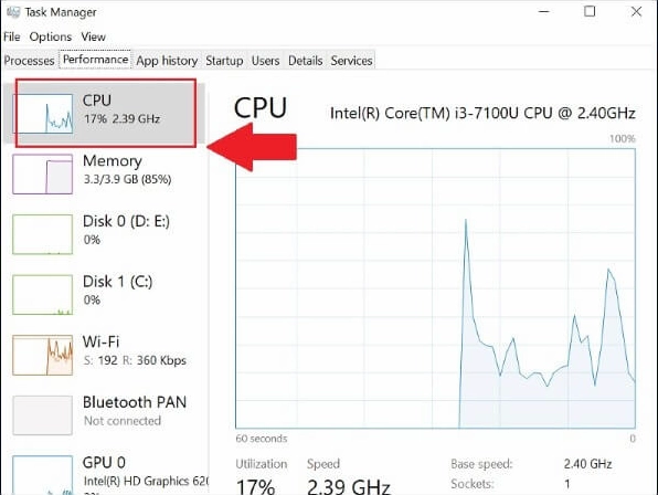 Chọn mục CPU để xem chi tiết tốc độ xử lý