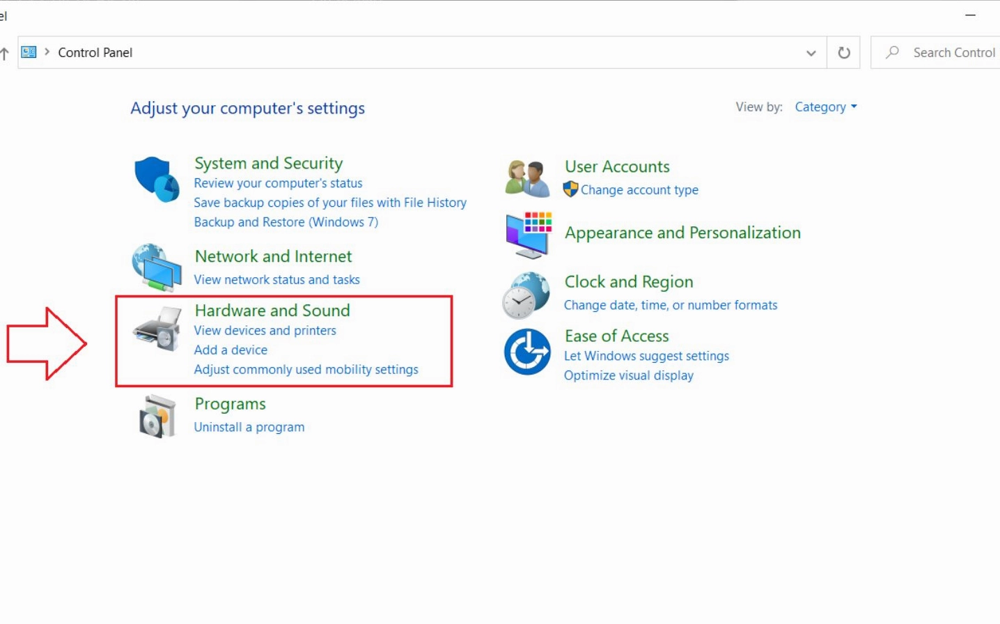 Chọn mục Hardware and Sound