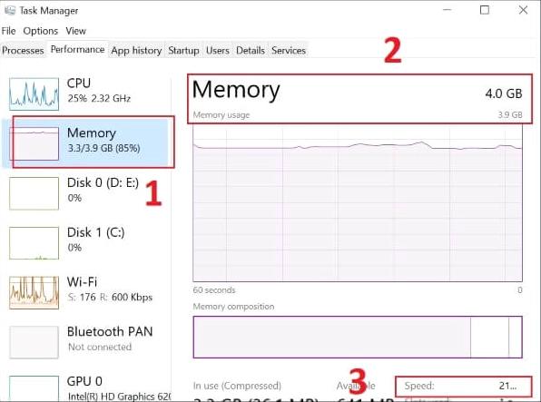 Chọn mục Memory để kiểm tra dung lượng RAM đang sử dụng