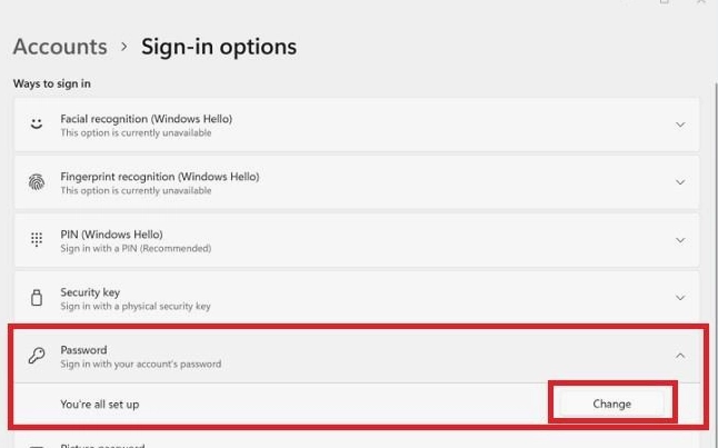 Hướng dẫn cách đổi pass laptop nhanh chóng an toàn năm 2026 7 Chọn mục Password và nhấn Change