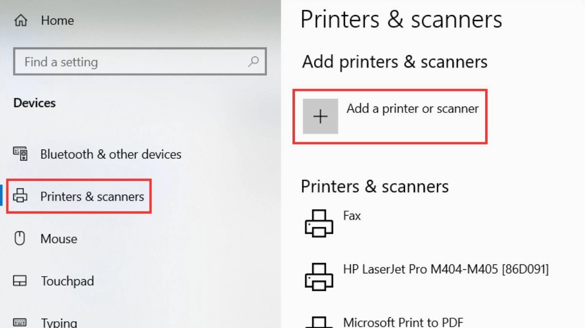 Chọn mục Printers and scanners và nhấn Add a Printer or scanner