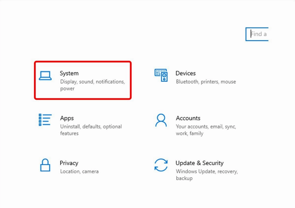 Chọn mục System trong cửa sổ Settings của Windows 10