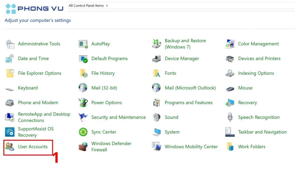 Chọn mục User Accounts trong Control Panel
