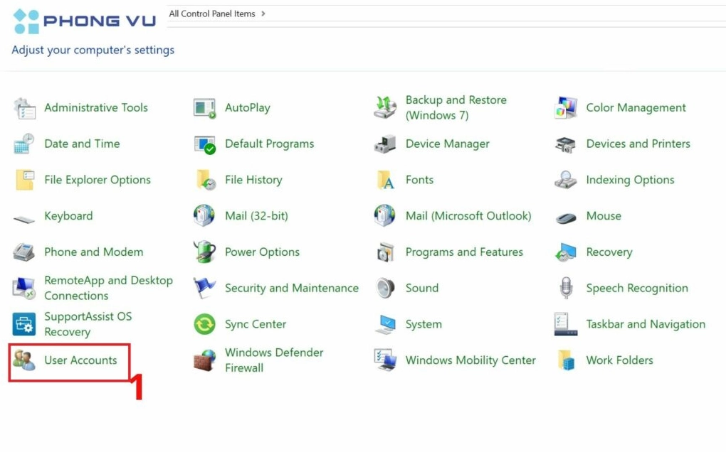 Chọn mục User Accounts