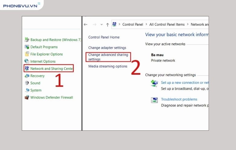 Hướng dẫn chi tiết cách thêm máy in vào laptop nhanh chóng và hiệu quả 16 Chọn Network and Sharing Center và chọn Change advanced sharing settings