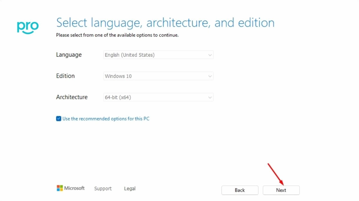 Chọn ngôn ngữ phiên bản Windows 32-bit hoặc 64-bit và ấn Next