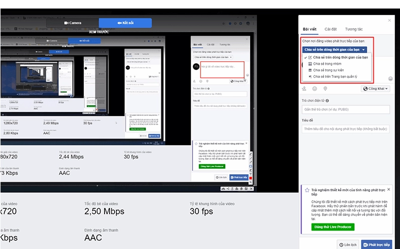 Chọn nơi muốn stream xuất hiện