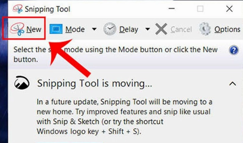 Chọn nút New trong Snipping Tool để bắt đầu tạo vùng chụp mới