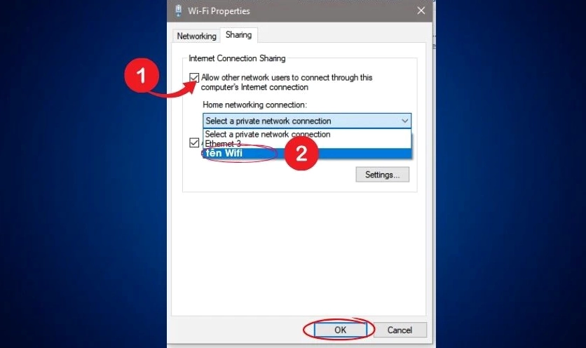 Hướng dẫn chi tiết cách chia sẻ wifi cho laptop nhanh chóng và ổn định 11 Chọn ô Allow other network users to connect