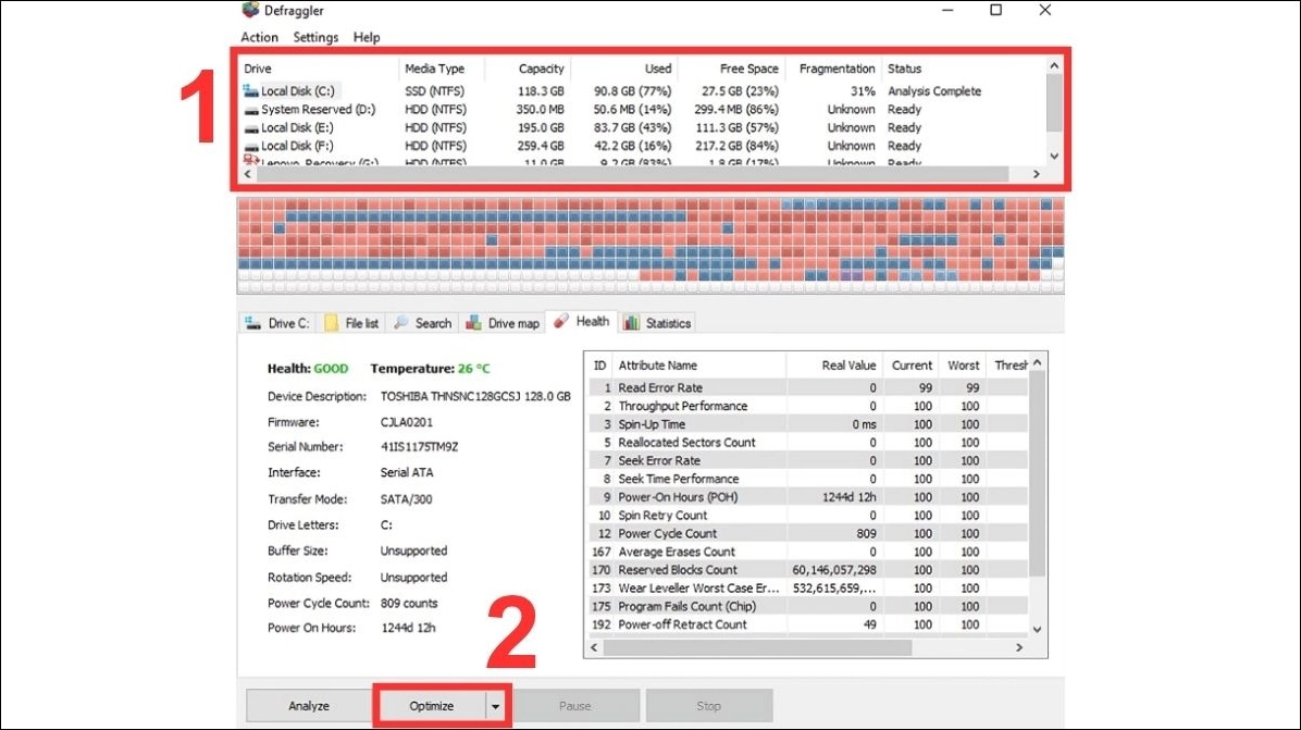 Chọn ổ HDD bạn muốn chống phân mảnh nhấn Optimize để bắt đầu quá trình