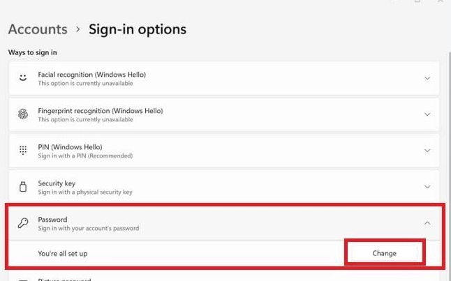 Chọn Password và Change