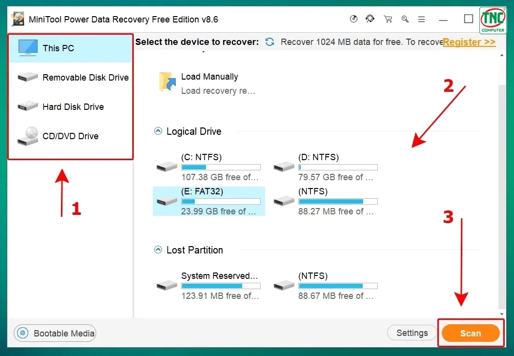 Chọn phân vùng bị mất dữ liệu trên phần mềm và nhấn nút Scan