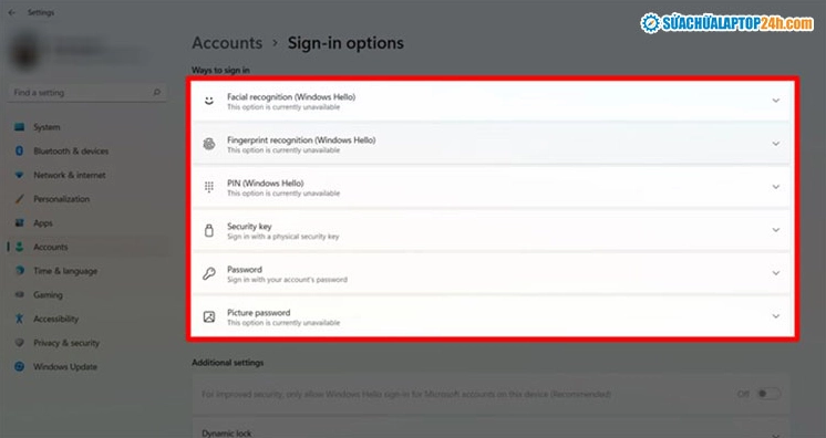 Chọn phương thức cài đặt password cho laptop bạn muốn