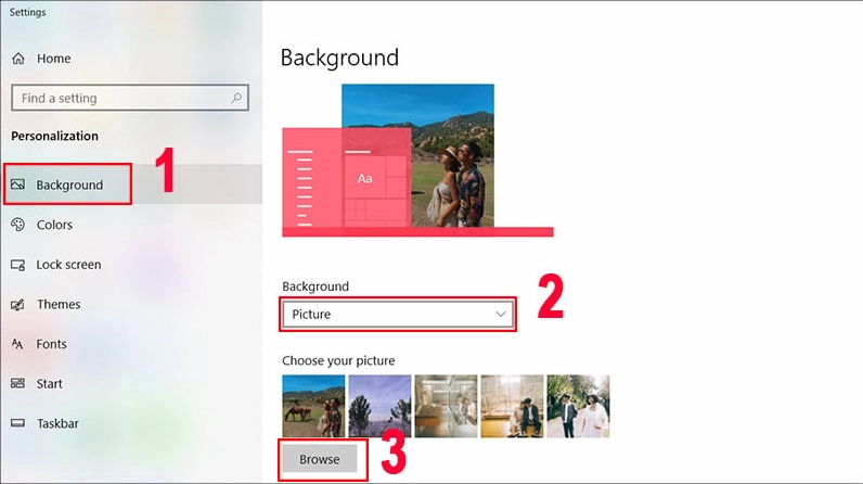 Hướng dẫn chi tiết cách cài màn hình laptop sắc nét và khắc phục lỗi ảnh mờ 16 Chọn Picture để lựa chọn hình ảnh > nhấn Browse