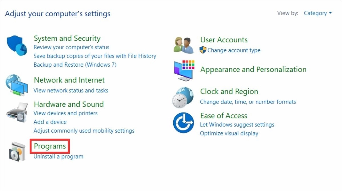 Chọn Programs trong Control Panel