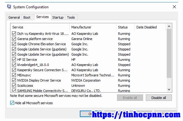 Hướng dẫn chi tiết cách làm cho laptop win 10 chạy nhanh hơn hiệu quả 18 Chọn qua tab Services tick vào ô Hide all Microsoft Services